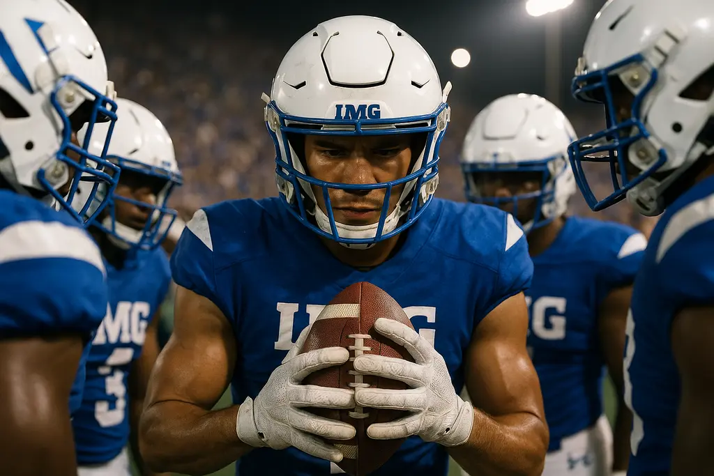 IMG Academy Matchups calendar with players warming up on a Florida high school football field