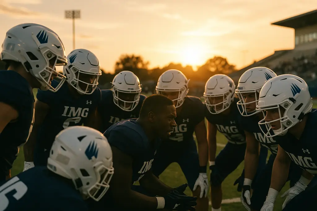 IMG Academy Opponents lined up across from players on a high school football field