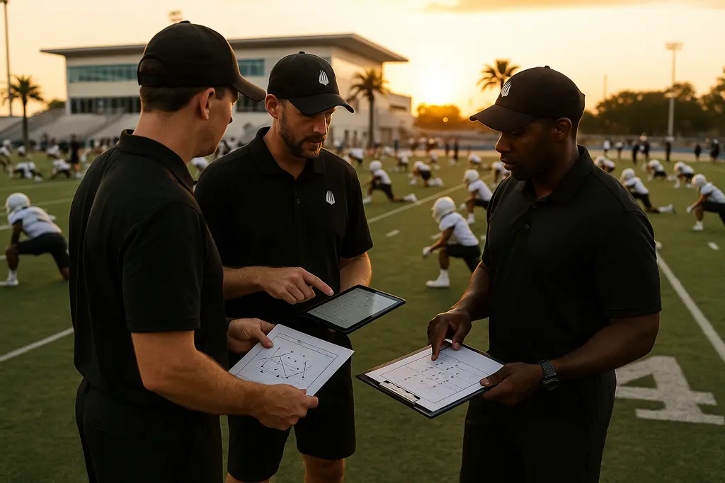 IMG Academy strategy shown by players preparing on a practice field in Bradenton