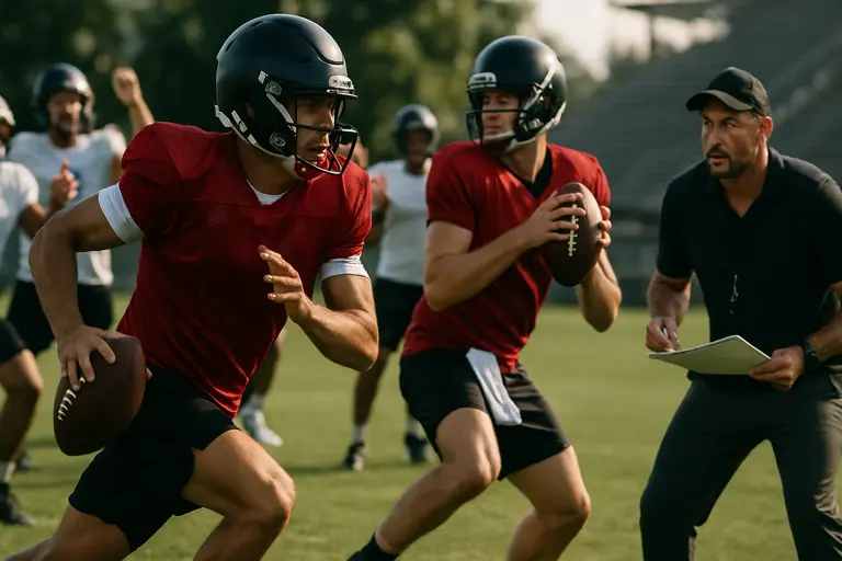 Offense and defense aligned before a snap at a college football practice