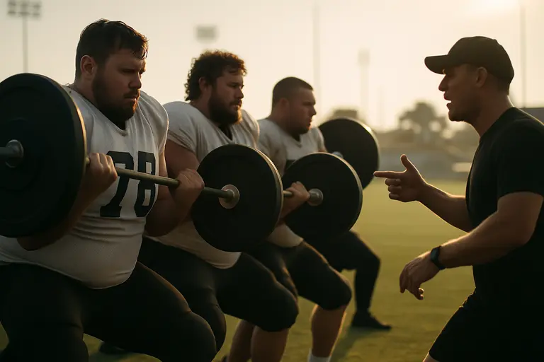 Offensive linemen set for a blocking drill during practice