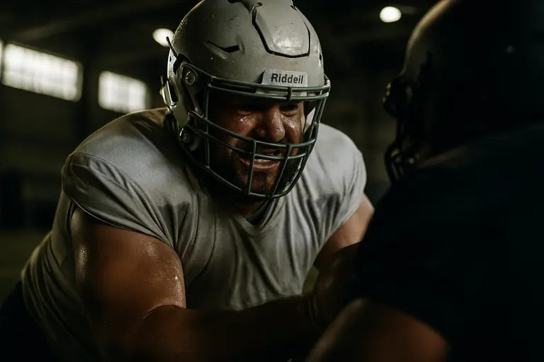 Offensive linemen work through blocking drills at football practice