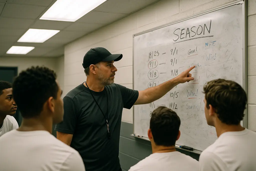 Vero Beach Schedule planning board beside a high school football field at dusk