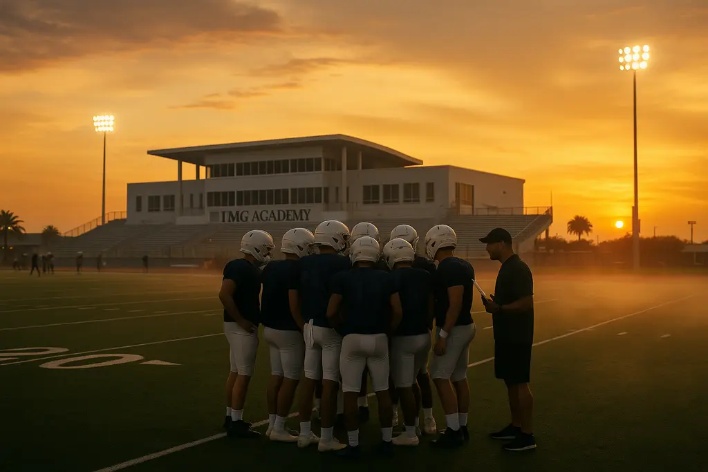 IMG Academy 2026 football players train on a practice field in Bradenton