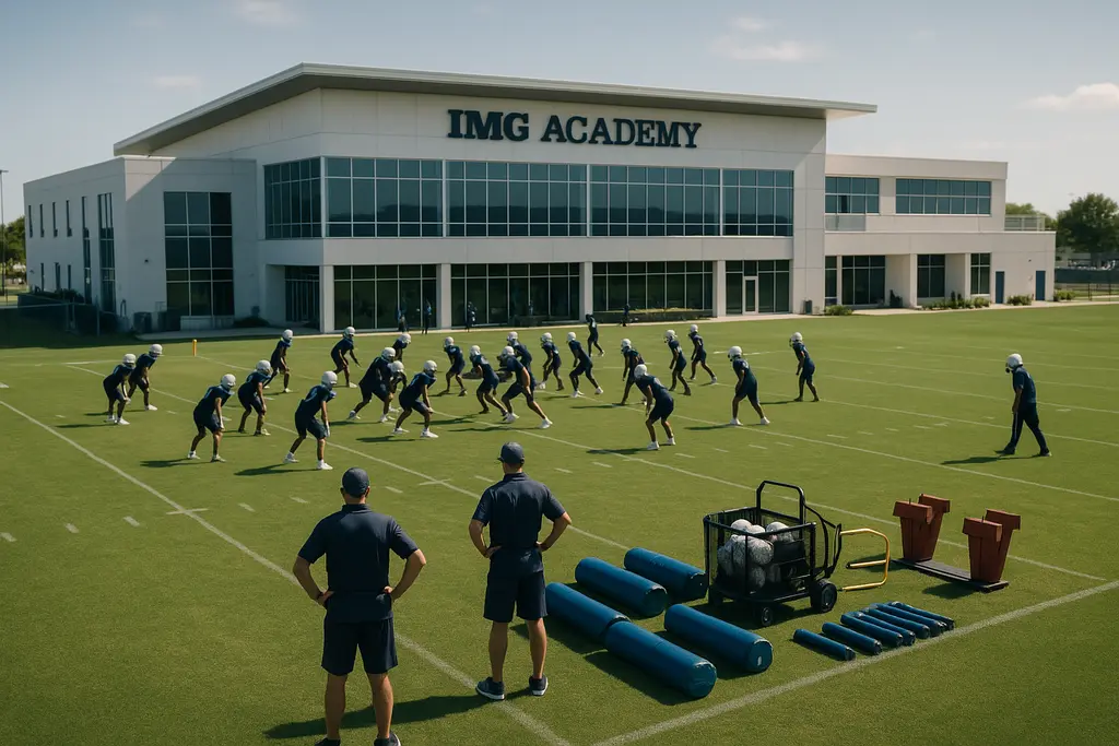 IMG Academy football players training on a practice field in Bradenton