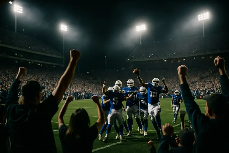 Stadium lights over a football field during a late-season matchup