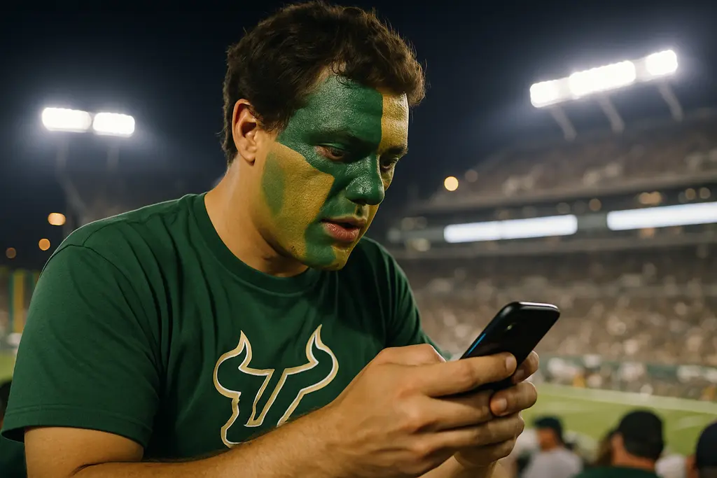USF Bulls Schedule planning scene with a football field and Tampa stadium seating
