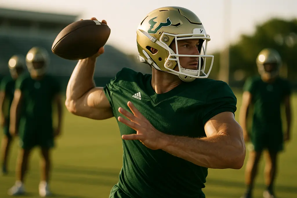USF Quarterback Battle practice scene with two quarterbacks taking reps in Tampa