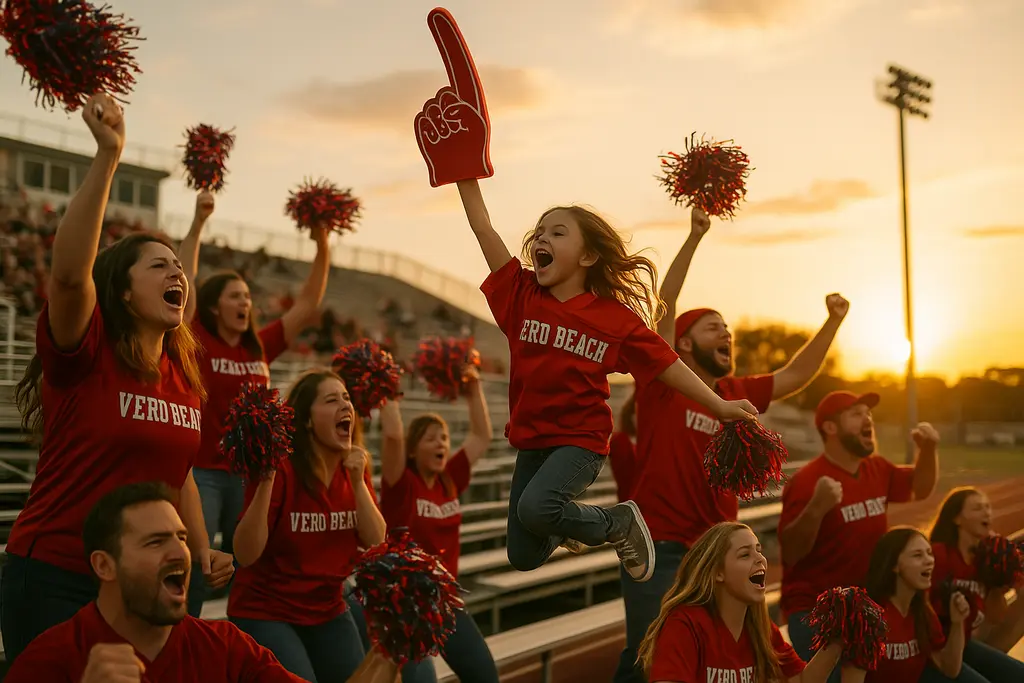 Vero Beach football fans arriving for a high school game under evening lights