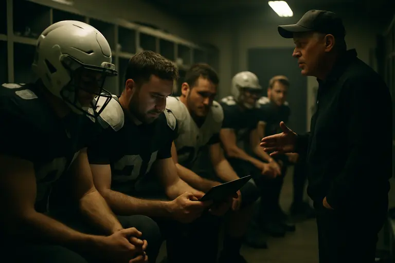 A high school football coach talks with players during a sideline timeout