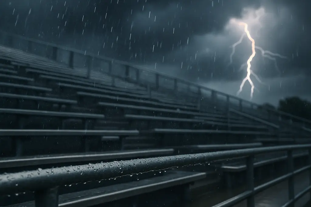 Big Bend Kickoff stadium field under dark storm clouds before a canceled preseason game