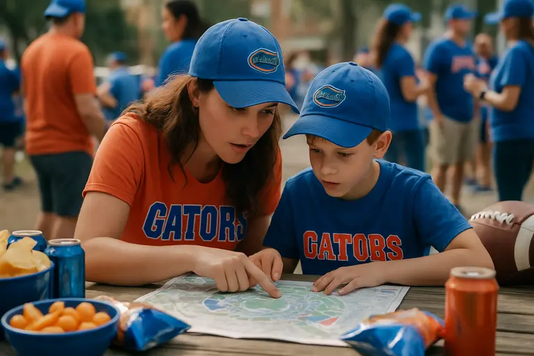 Florida football fans walking toward a stadium entrance on game day