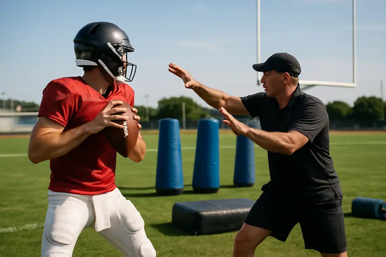 Offensive linemen and a quarterback practicing footwork during a team workout