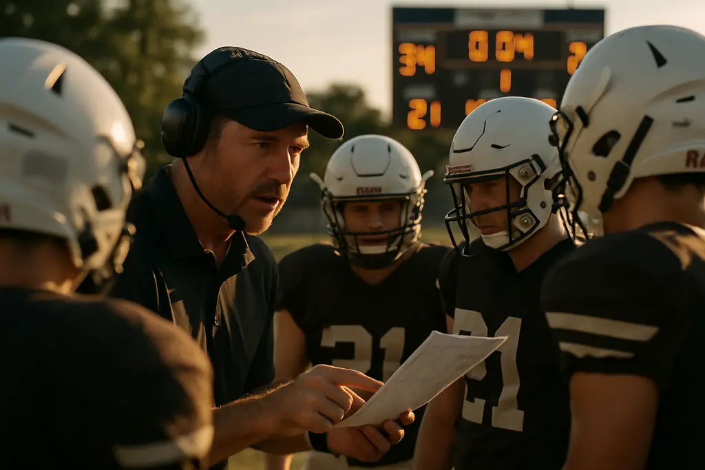 FHSAA Key Dates calendar beside a Florida high school football field at dusk