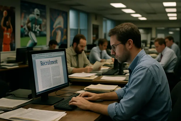 Florida football staff reviewing a roster board during recruiting work