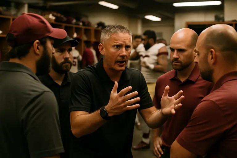 Florida State coaches talk with defensive backs during a practice break