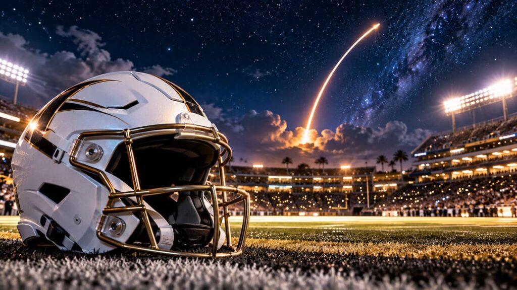 Futuristic Helmet Beneath a Rocketlit_Stadium