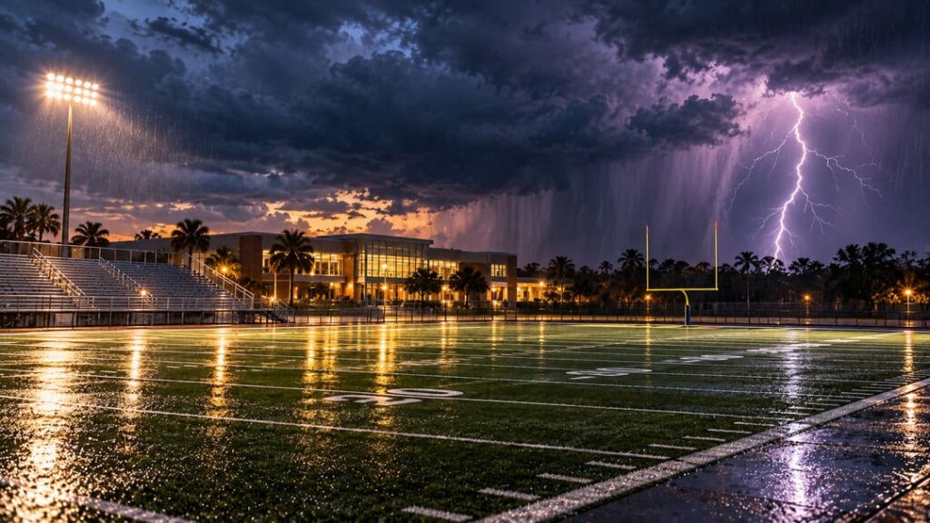 Lightning Over a Rainy Football_Stadium