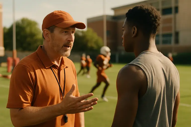 College football coach speaking with recruits during a campus visit
