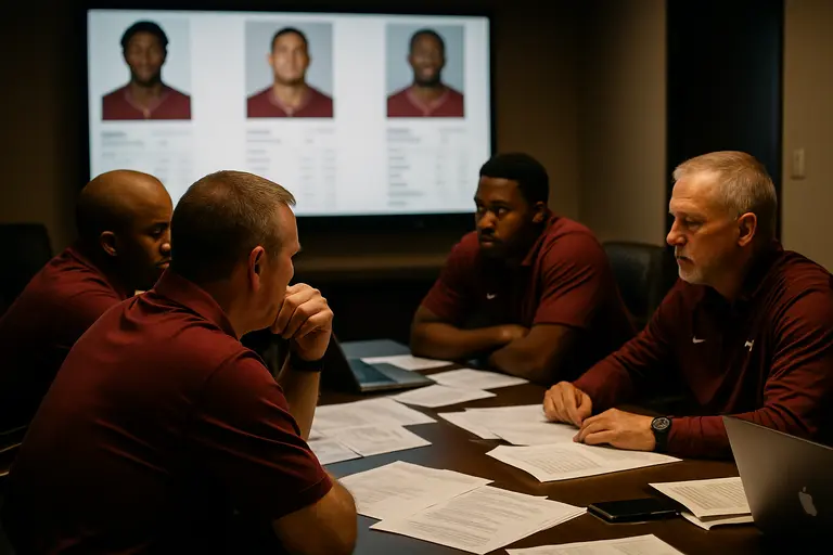 College football recruiters watch a high school practice from the sideline