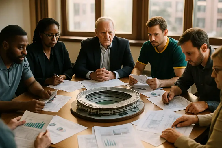 Construction planning meeting with stadium drawings on a table