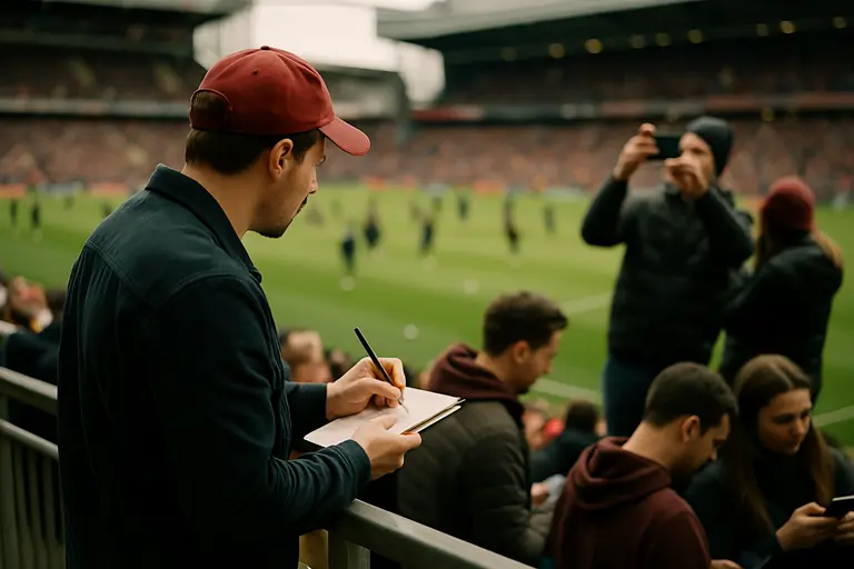 Fans review a printed schedule near stadium bleachers before kickoff