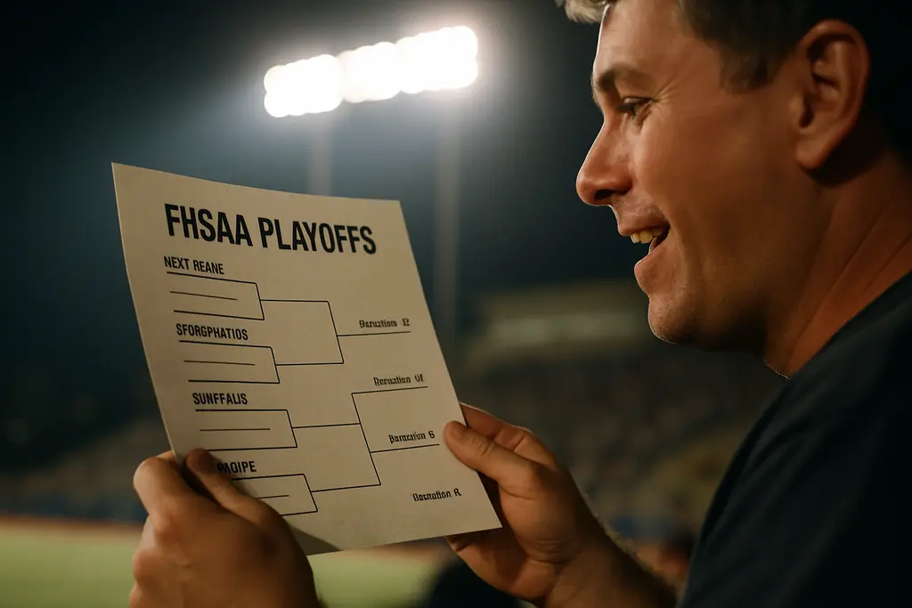 FHSAA Playoff Structure bracket board beside a Florida high school football field