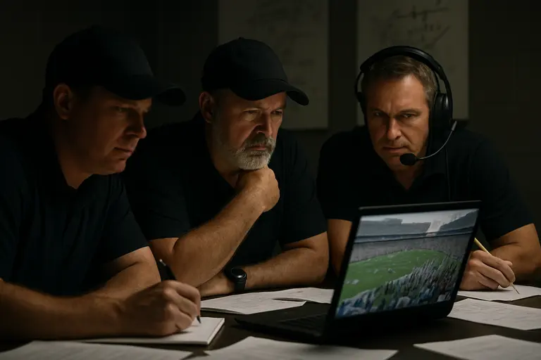 Florida football staff reviewing game notes near the sideline