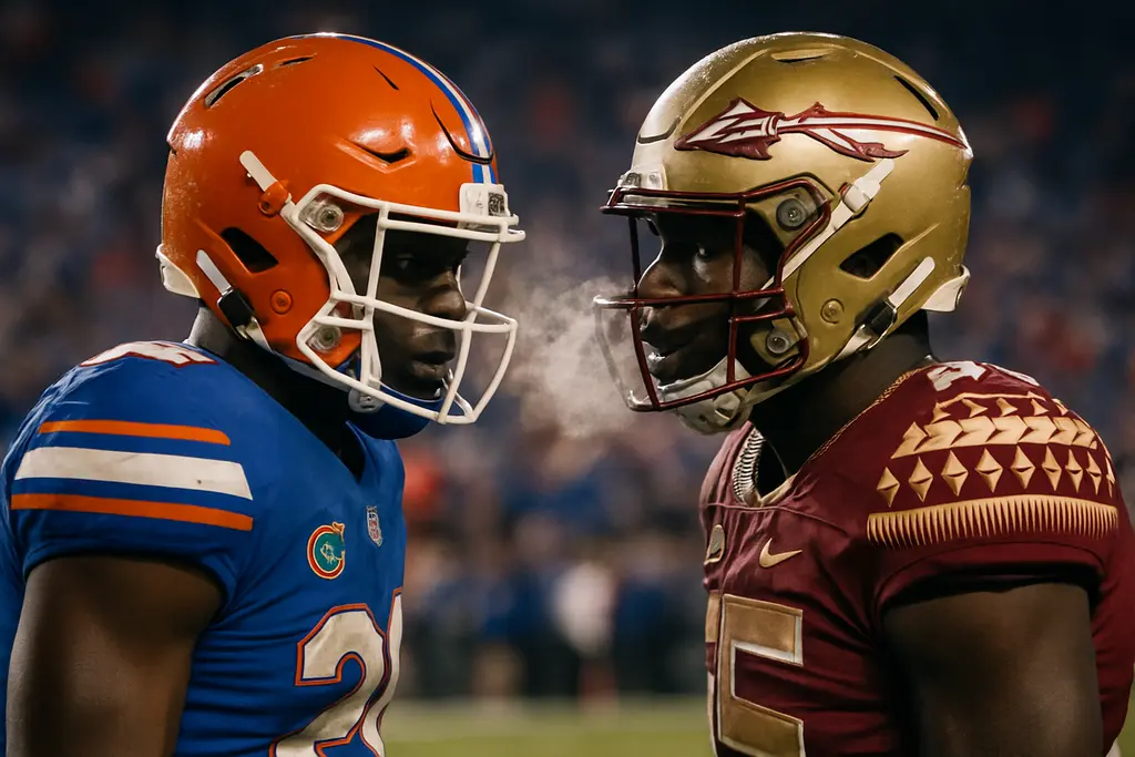 Florida FSU clash players line up at the line of scrimmage in a packed college stadium