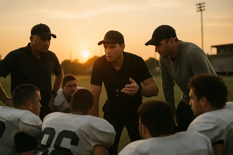 Football coaches reviewing practice notes while players stretch nearby