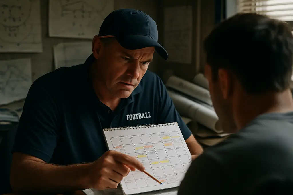 Florida fans reviewing football key dates on a high school stadium concourse