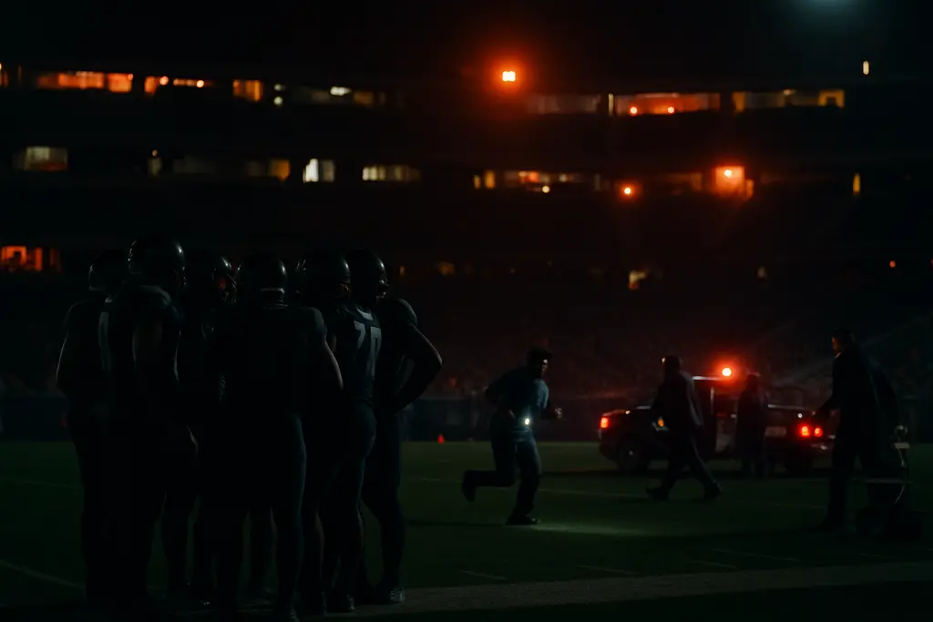 FSU power outage scene at Doak Campbell with players waiting near a dimly lit sideline