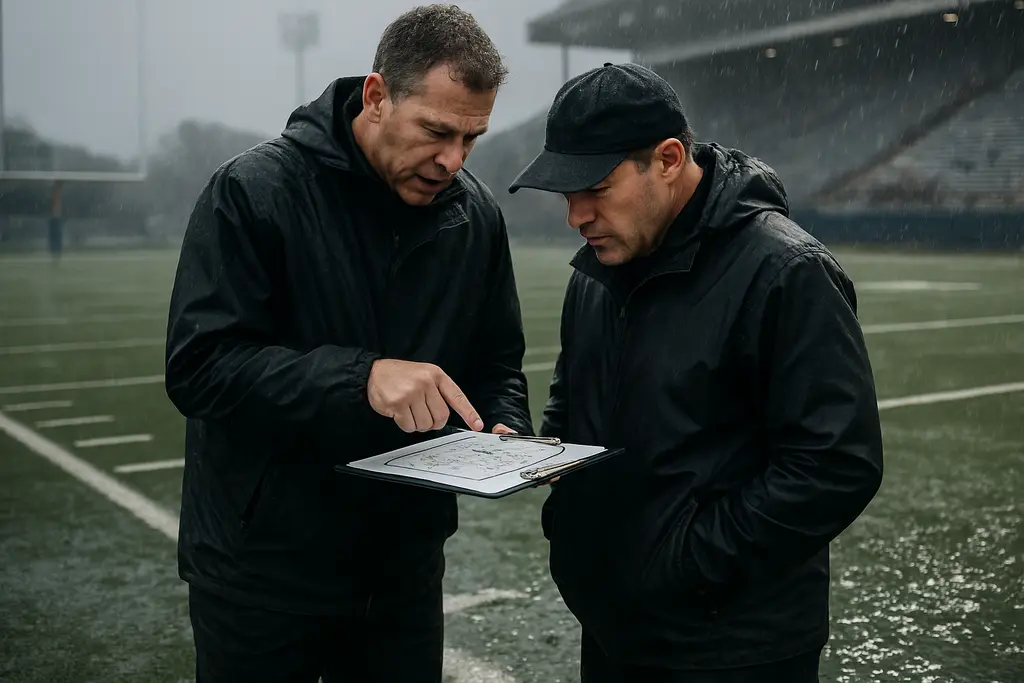 Isaias Schedule Changes board beside a wet Florida high school football field