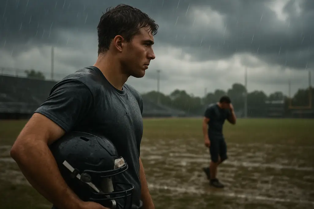 Isaias schedule changes board beside a rainy Florida high school football field