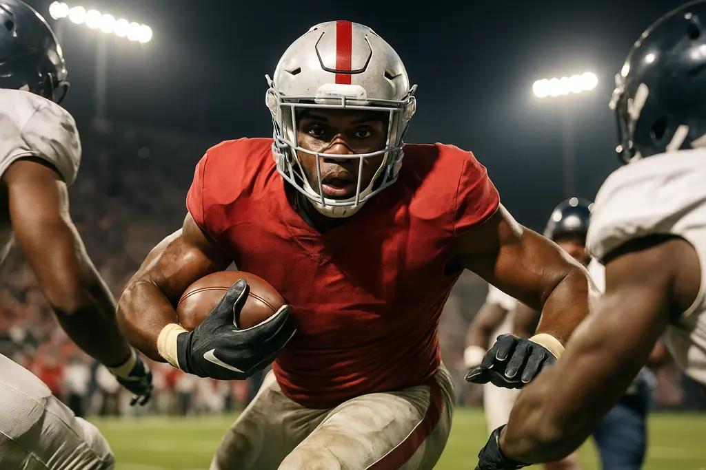 Jadan Baugh running through traffic in a Florida backfield performance scene