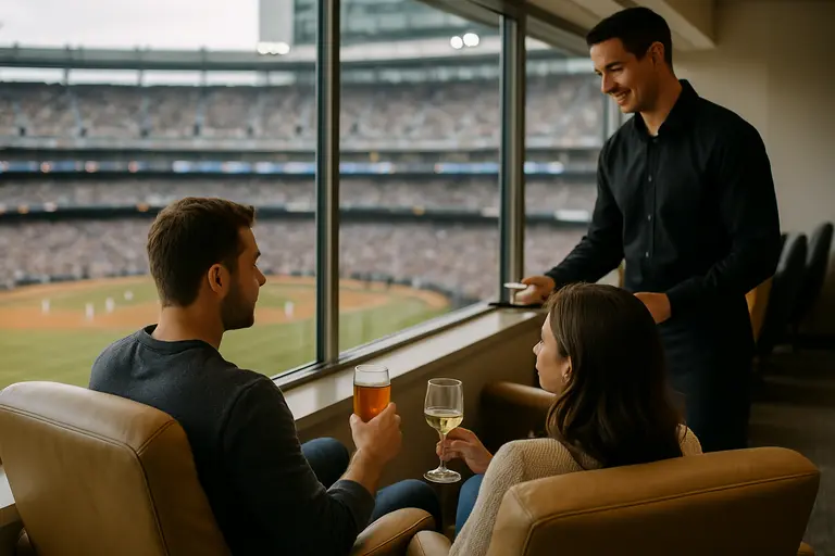 Modern stadium seating area with video board and premium sections visible