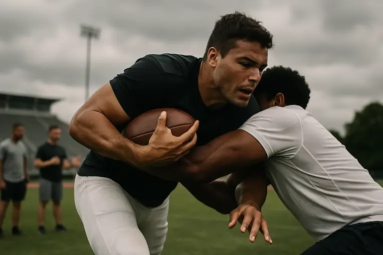 Offensive and defensive linemen collide at the snap in a college football game